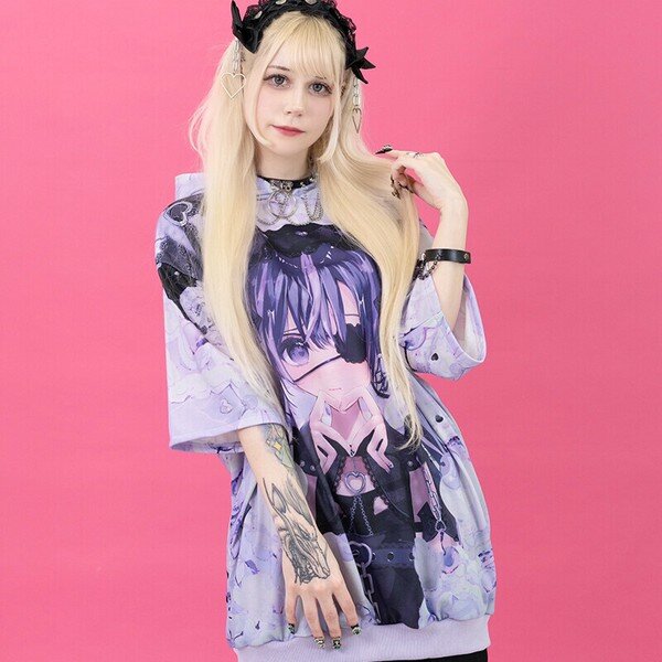 Oversize Short Sleeve Hoodie - Purple Lovepunk