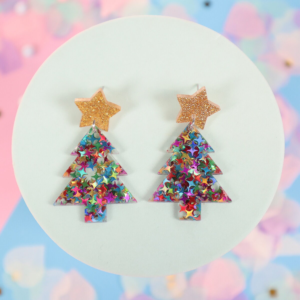 Örhängen - Transparent gran med färgglatt glitter och guldig stjärna 