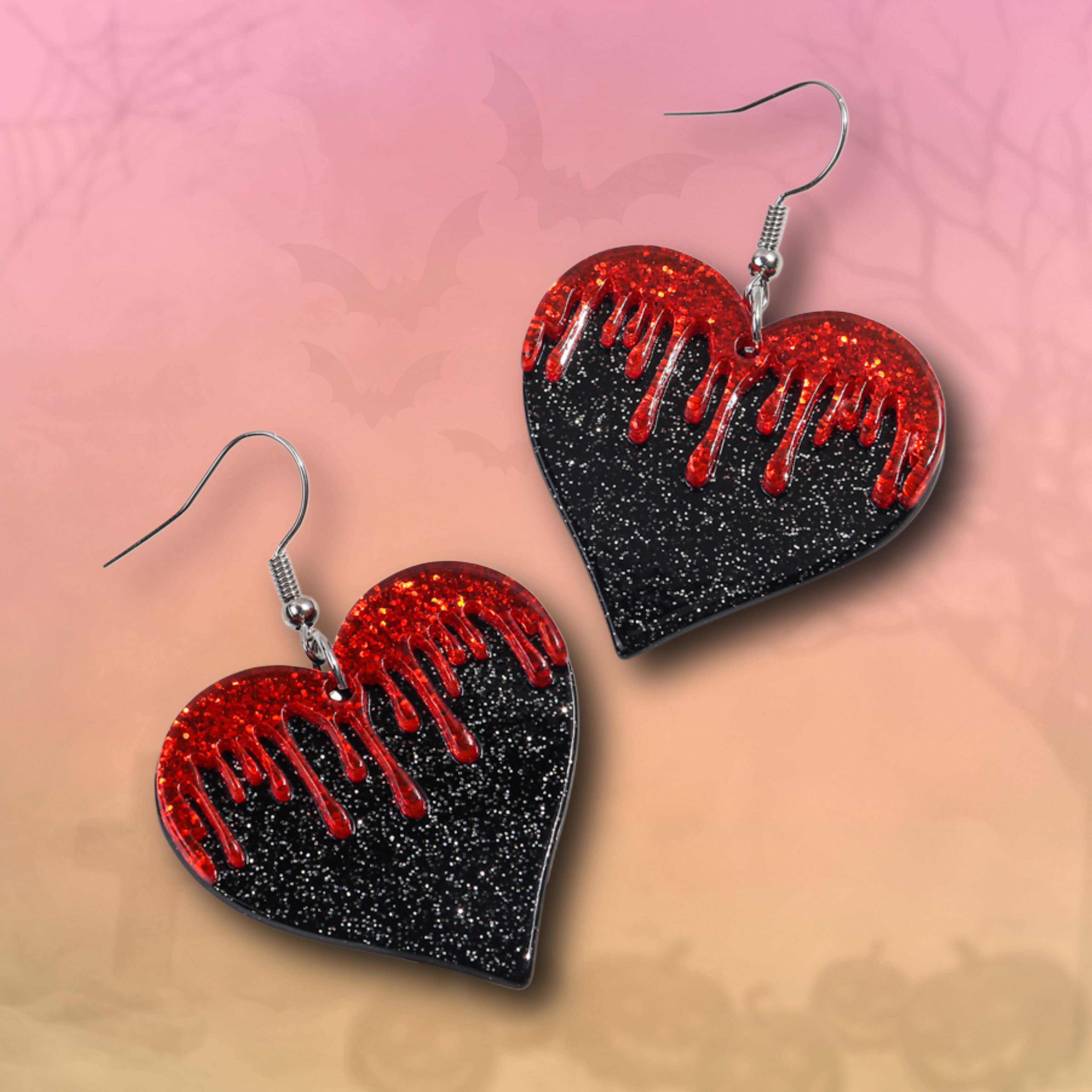 Örhängen - Rödsvarta glitterhjärtan