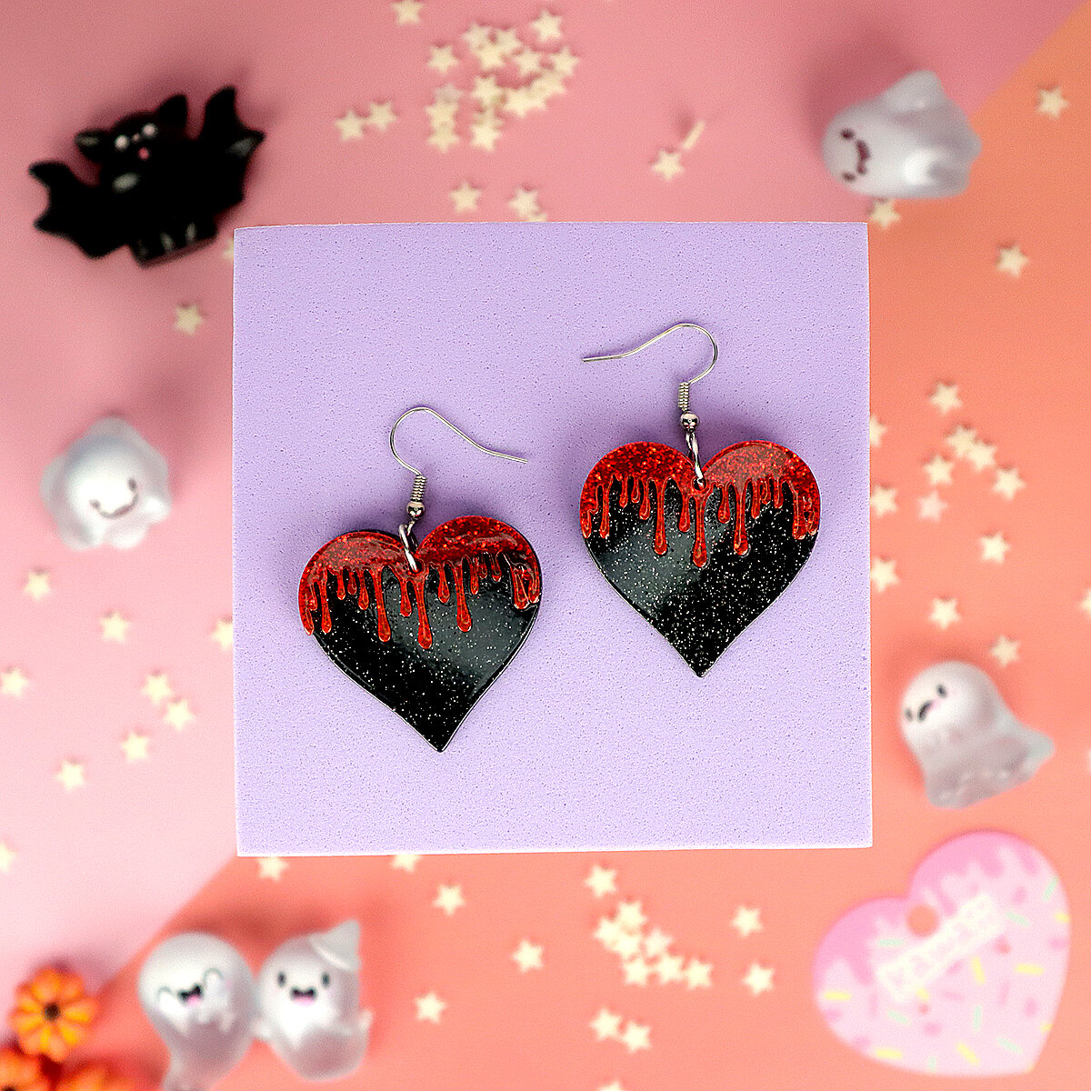 Örhängen - Rödsvarta glitterhjärtan