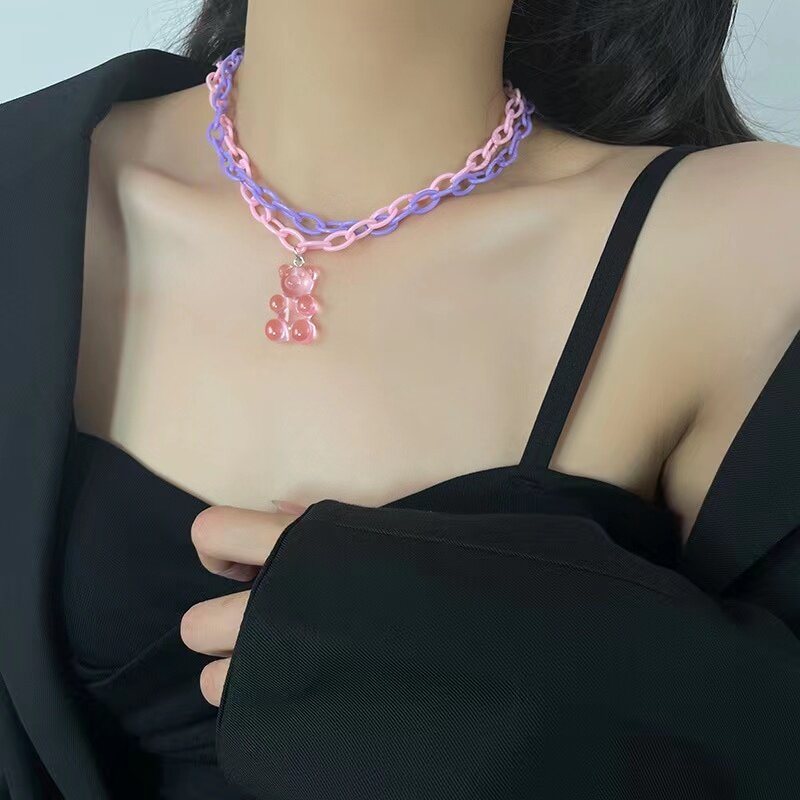 Halsband rosa-lila kedja nalle