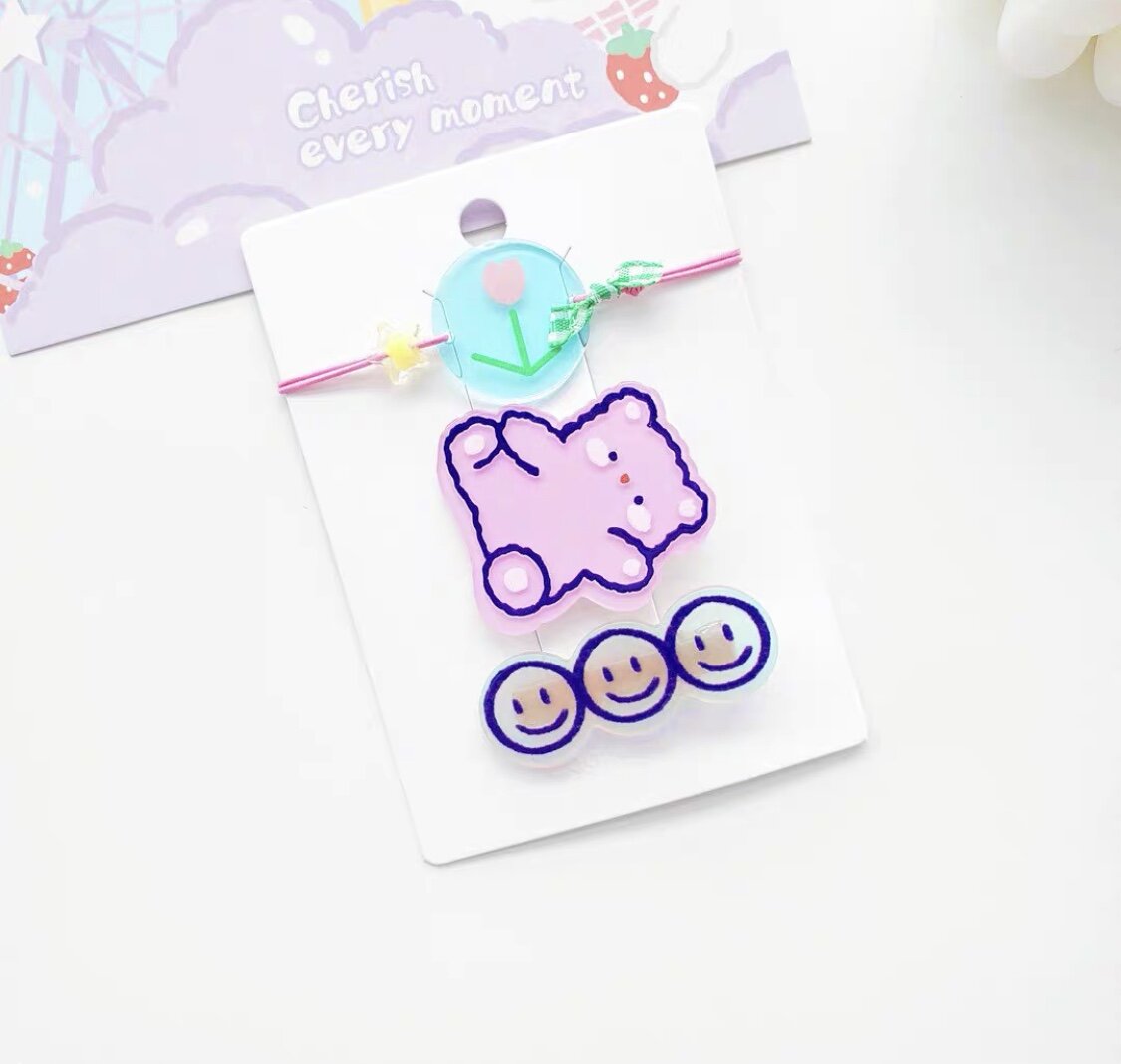 2 hårspännen & 1 armband Pink Bear
