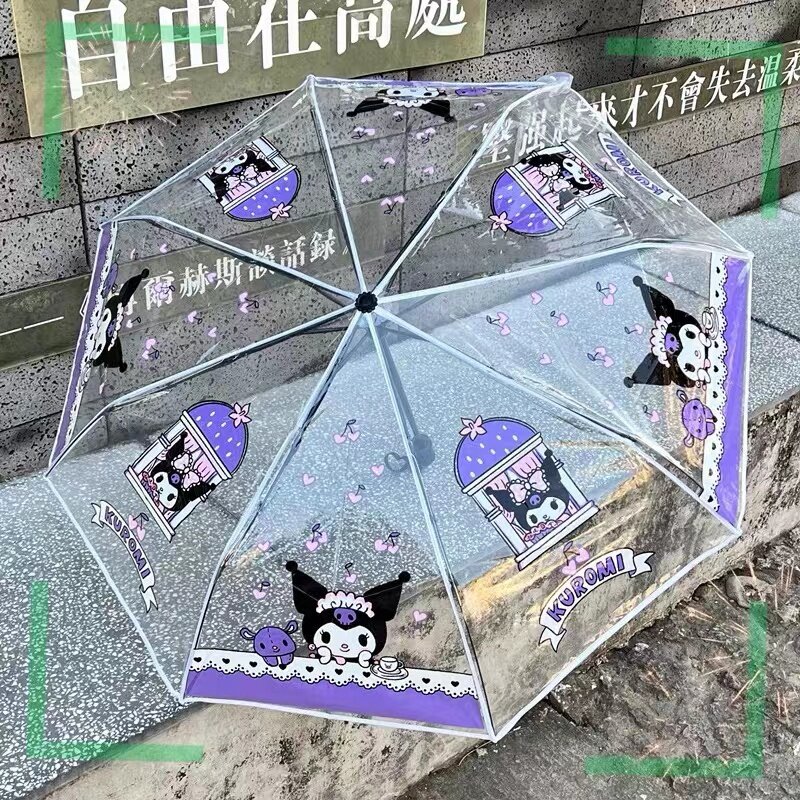Transparent Kuromi-paraply med lila detaljer