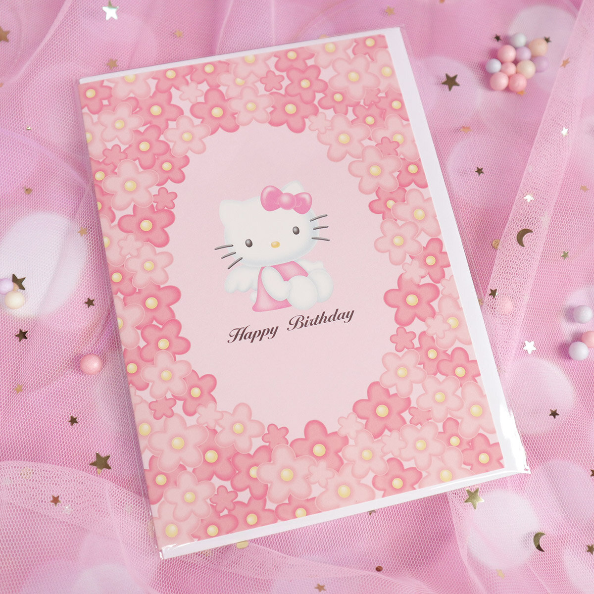 Blommigt kort med kuvert - Hello Kitty Angel
