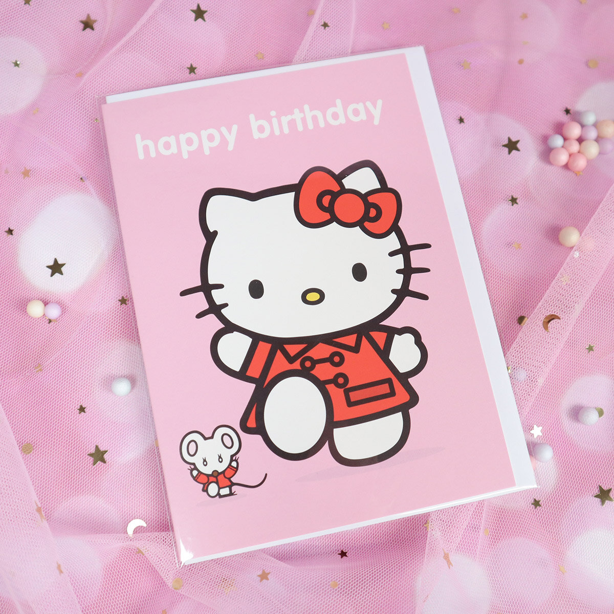 Kort med kuvert - Hello Kitty med mus, Happy Birthday