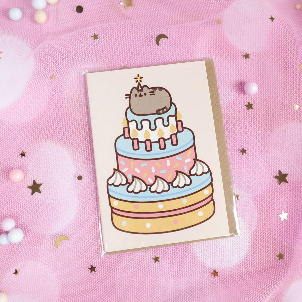 Minikort med kuvert - Pusheen på tårta