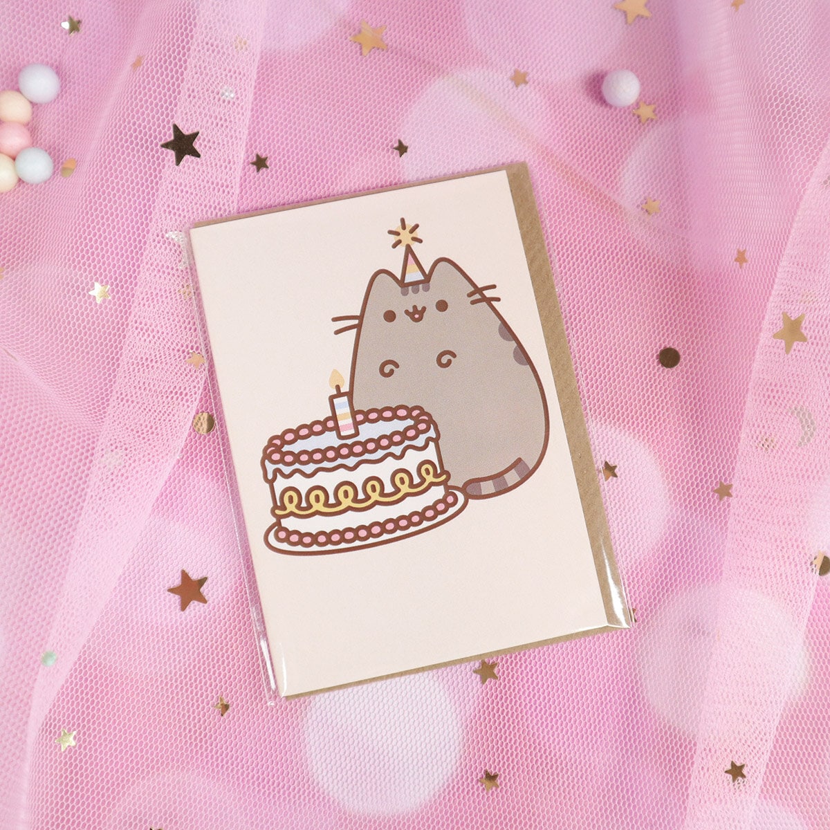 Minikort med kuvert - Pusheen med tårta