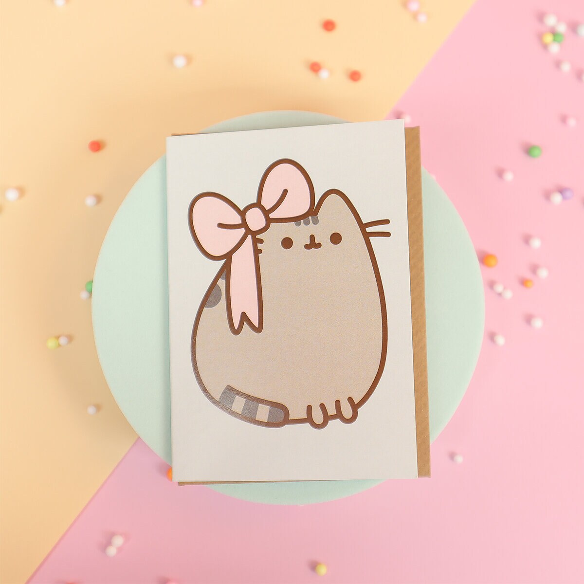 Minikort med kuvert - Pusheen med rosett