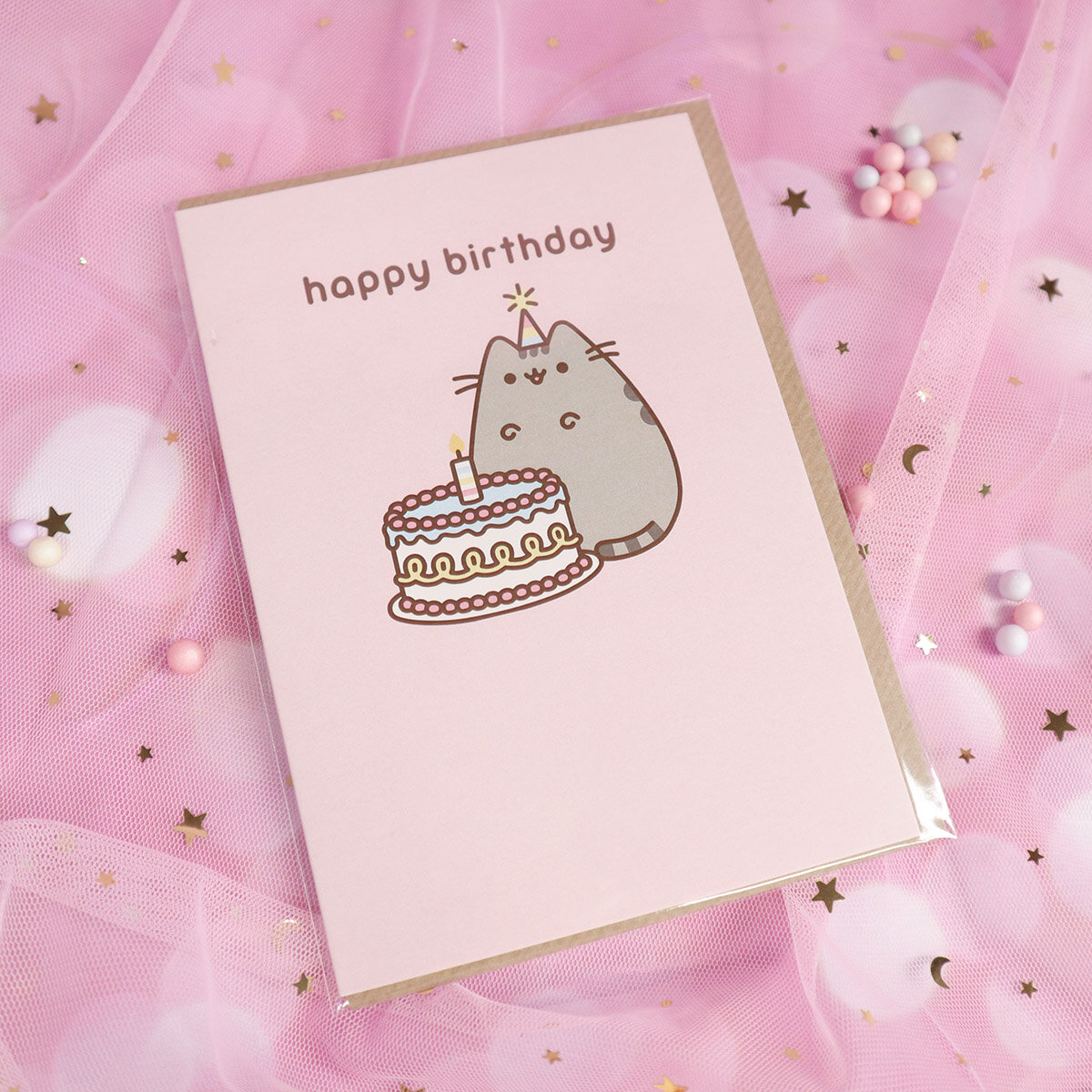 Kort med kuvert - Pusheen med tårta, Happy Birthday