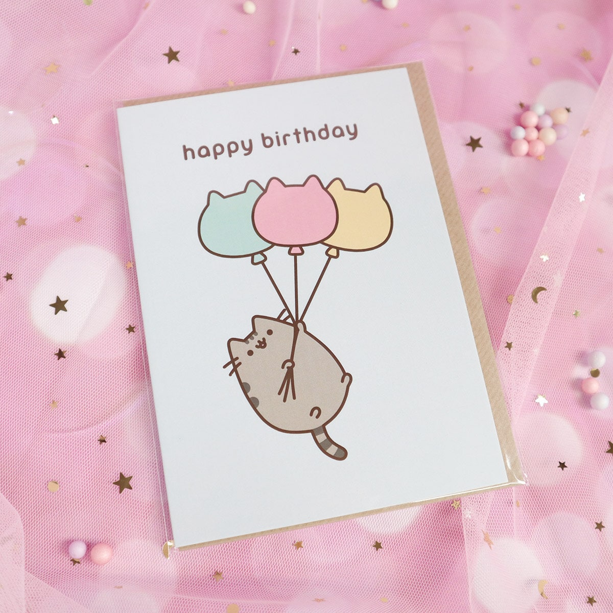 Kort med kuvert - Pusheen med ballonger, Happy Birthday