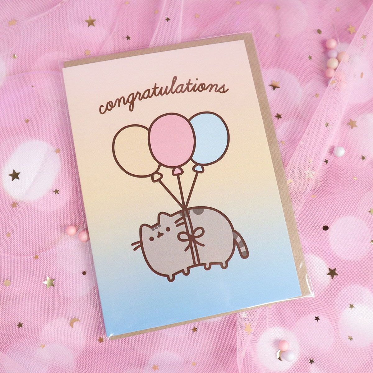 Kort med kuvert - Pusheen med ballonger, Congratulations 