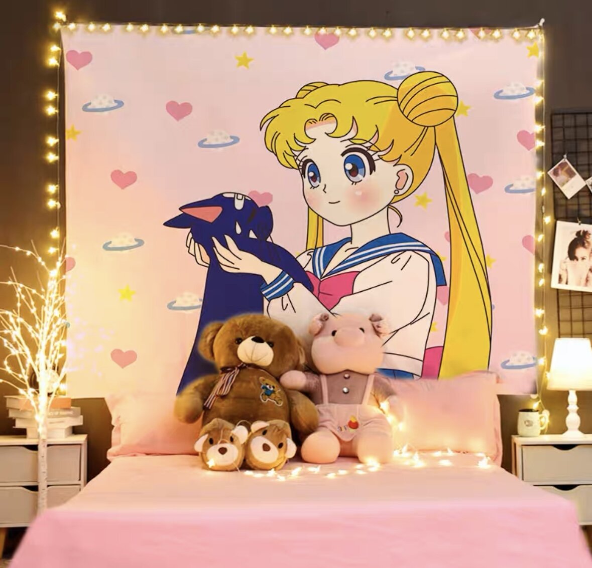 Väggdekoration Sailor Moon & Luna, med ljusslinga