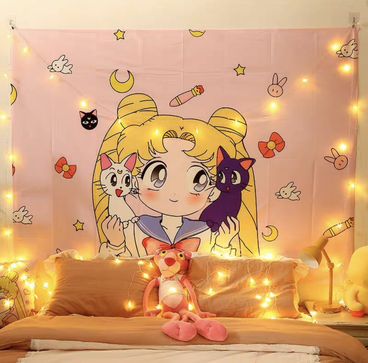 Väggdekoration Sailor Moon  med katter, med ljusslinga