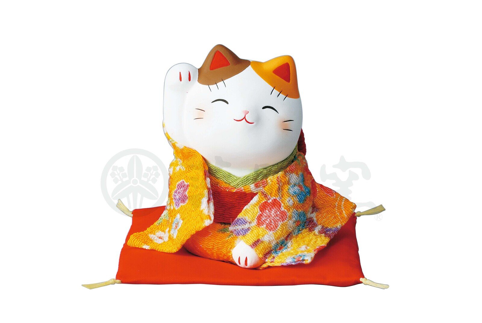 Sparbössa, calico-lyckokatt i orange kimono