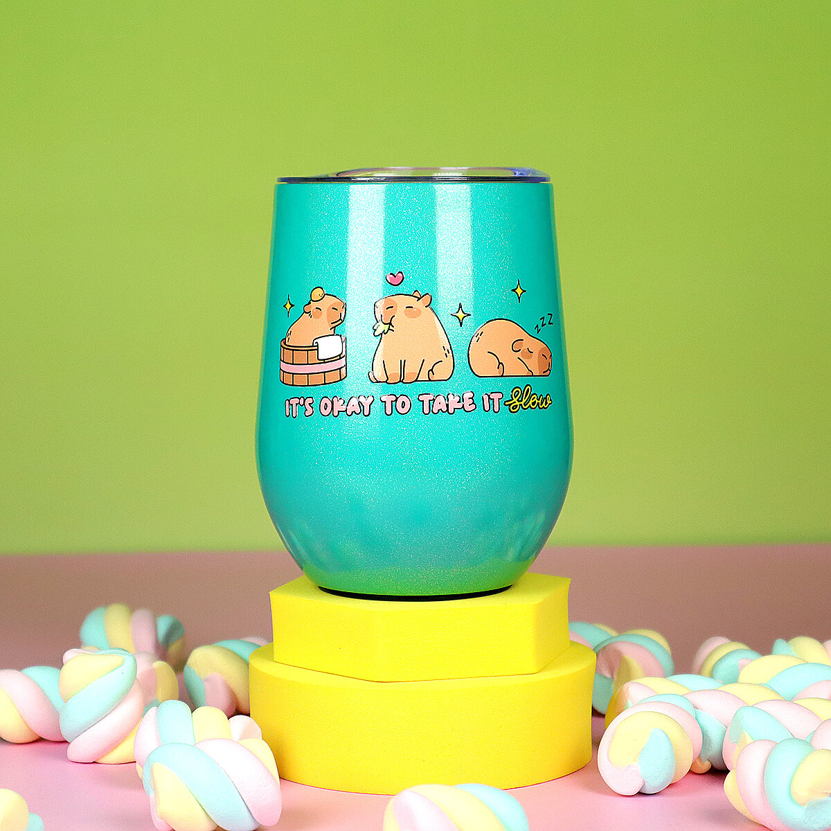 Turkos glittrig ståltumbler - Okay To Take It Slow