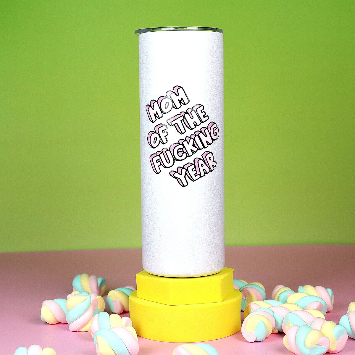 Vit glittrig ståltumbler - Mom of the Fucking Year