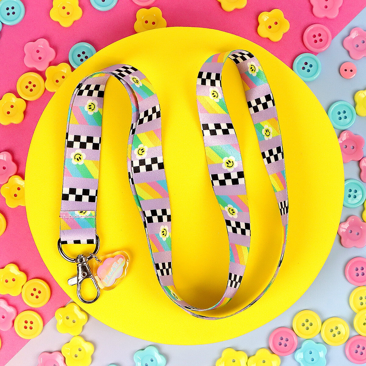 Nyckelband - Lila med smiley flowers