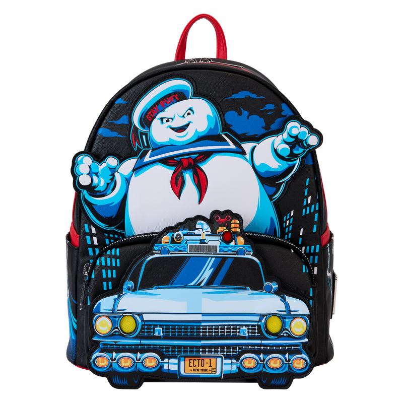Loungefly Mini Backpack, Ghostbusters Stay Puft chasing Ecto-1