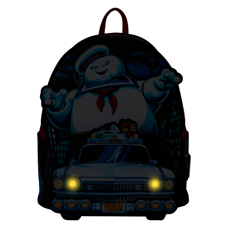 Loungefly Mini Backpack, Ghostbusters Stay Puft chasing Ecto-1