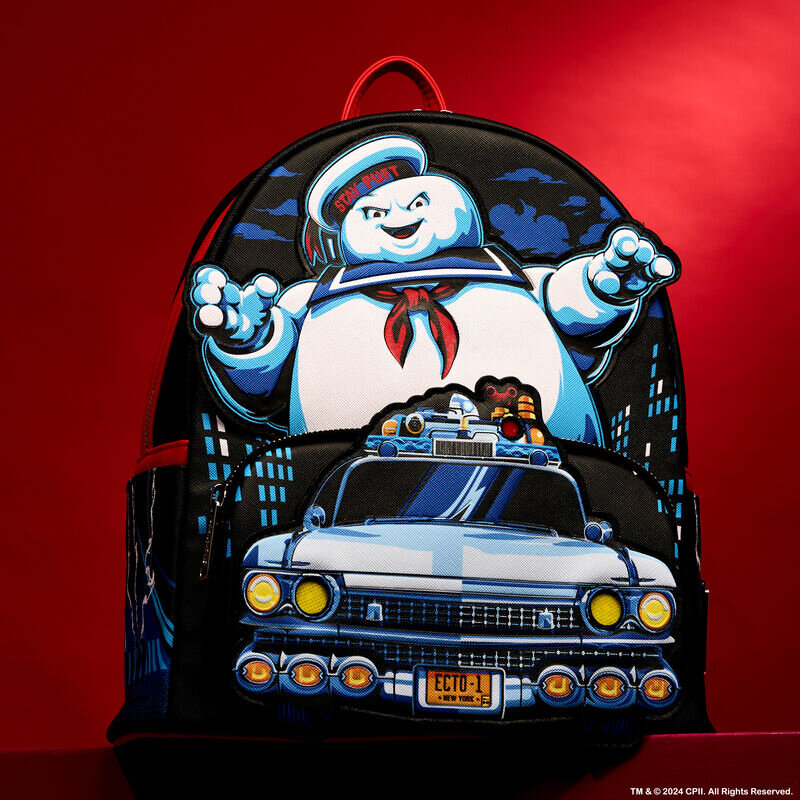 Loungefly Mini Backpack, Ghostbusters Stay Puft chasing Ecto-1