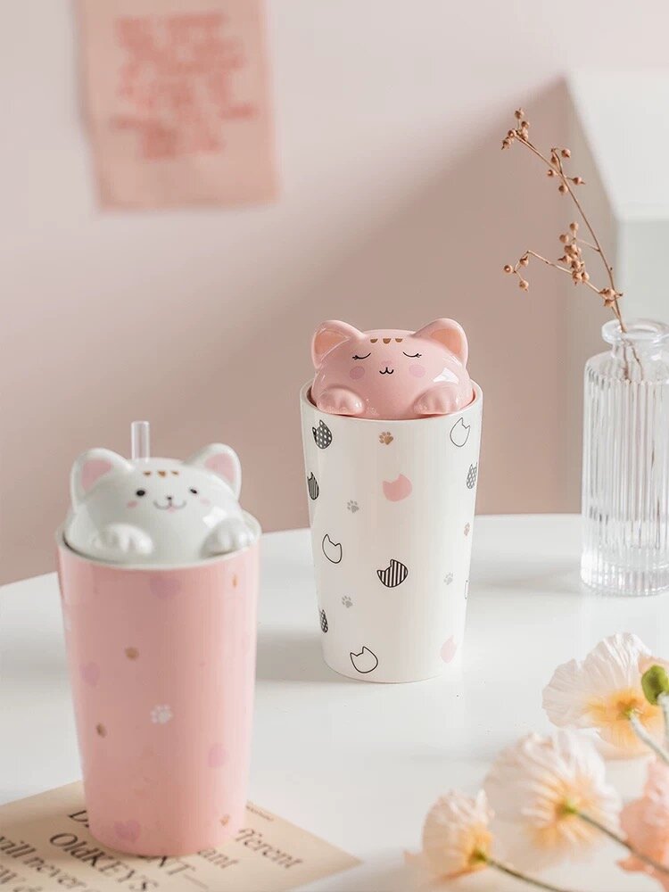 Hög katt-mugg med lock