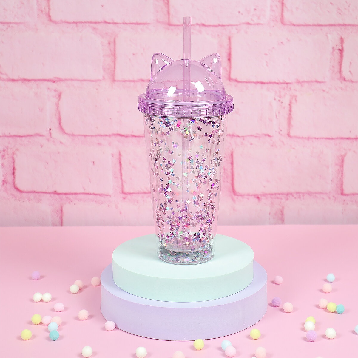 Glittrig lila tumbler med kattöron