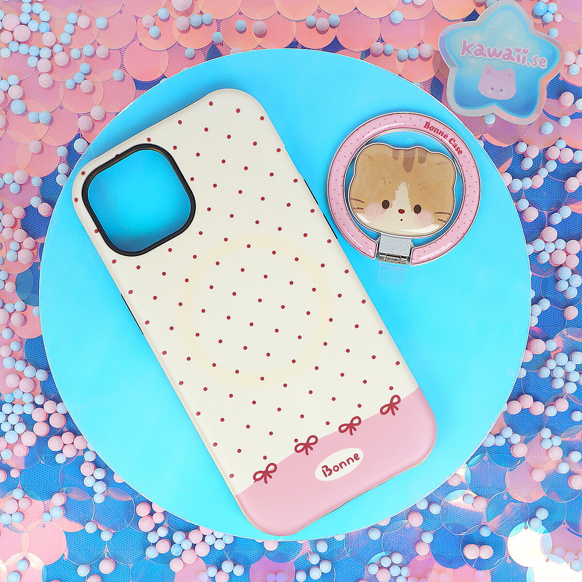 Mobilskal med Magsafe Phone Grip - Cat, Bows & Dots