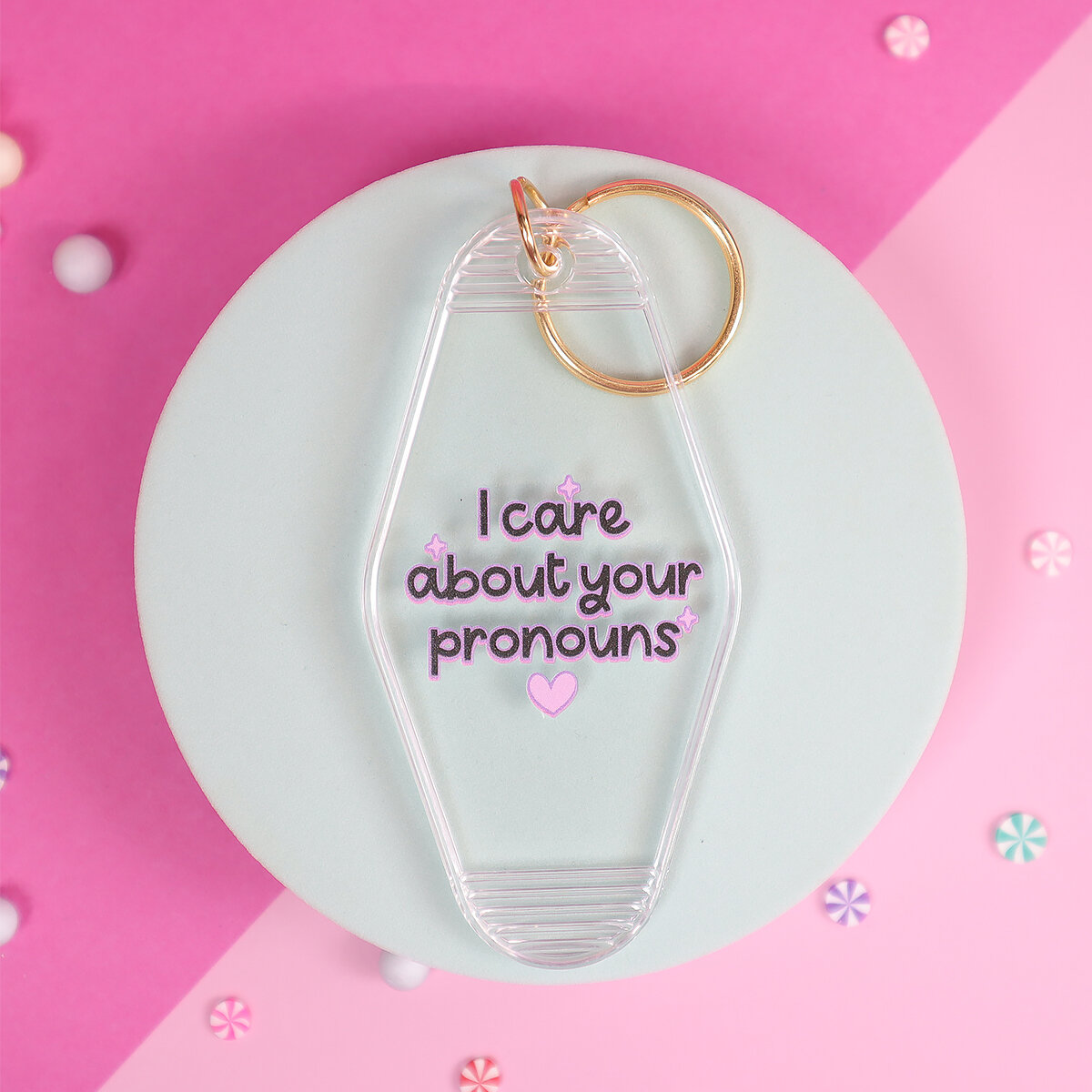 Motel key ring -  Care about your pronouns