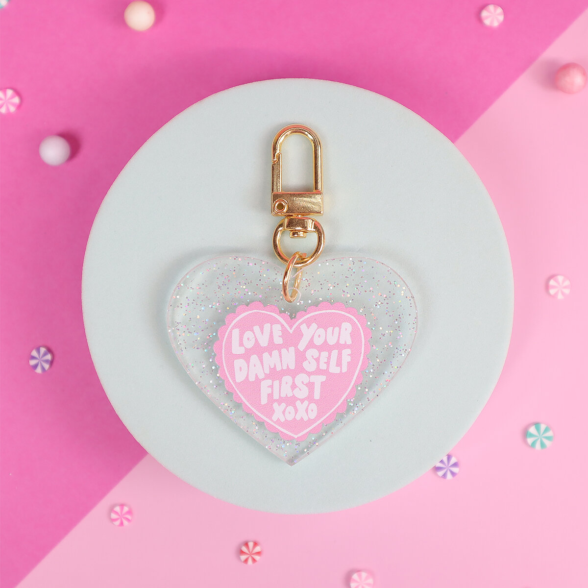 Glitter heart key ring - Love your damn self