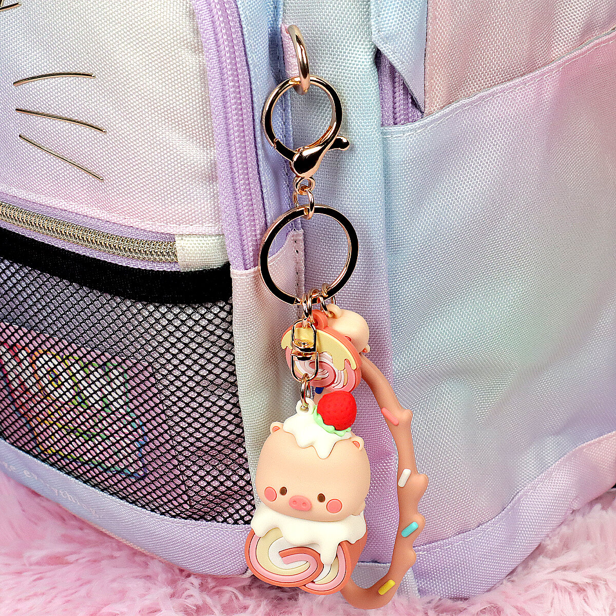 Bag charm - Dessert Pig Strawberry Swiss Roll
