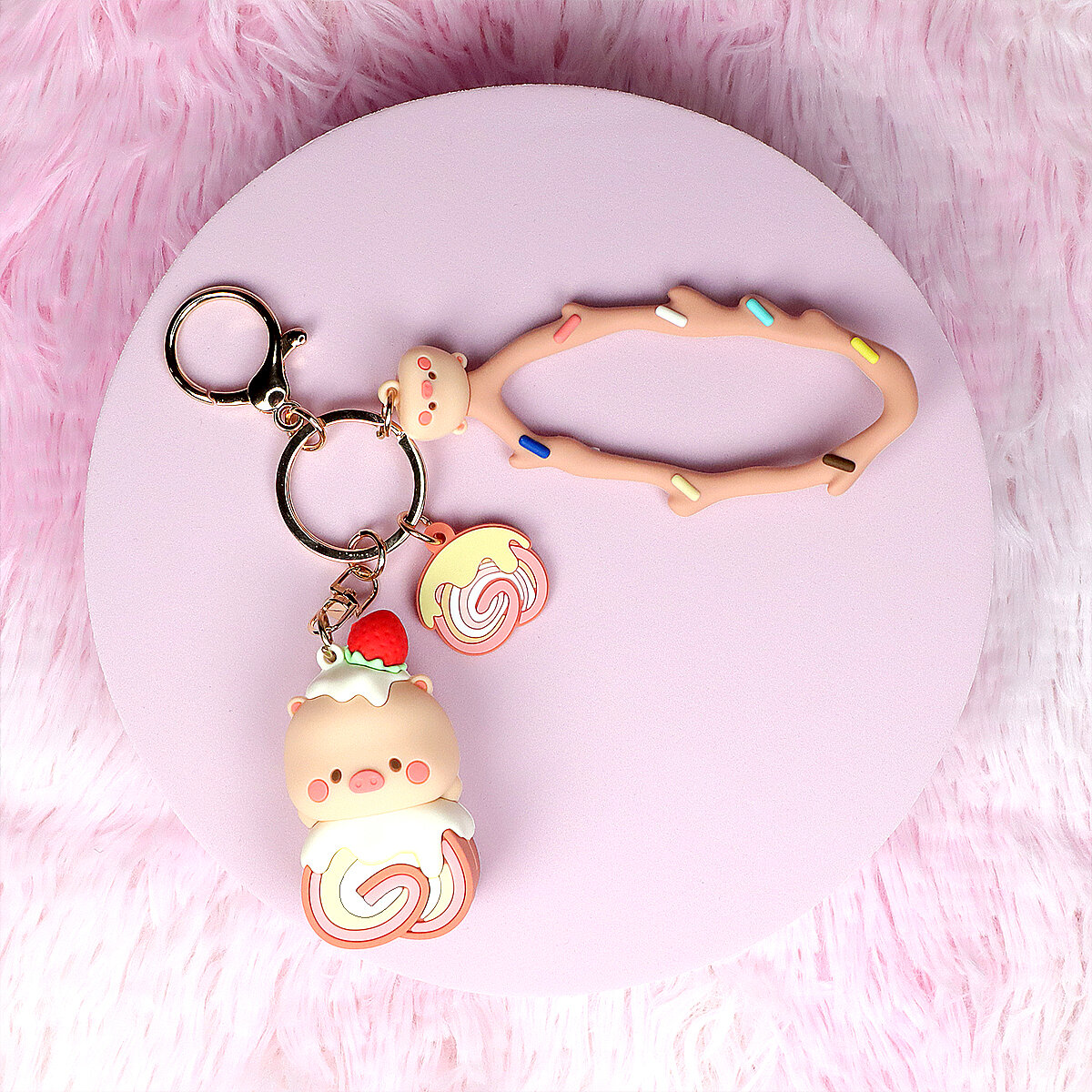 Bag charm - Dessert Pig Strawberry Swiss Roll