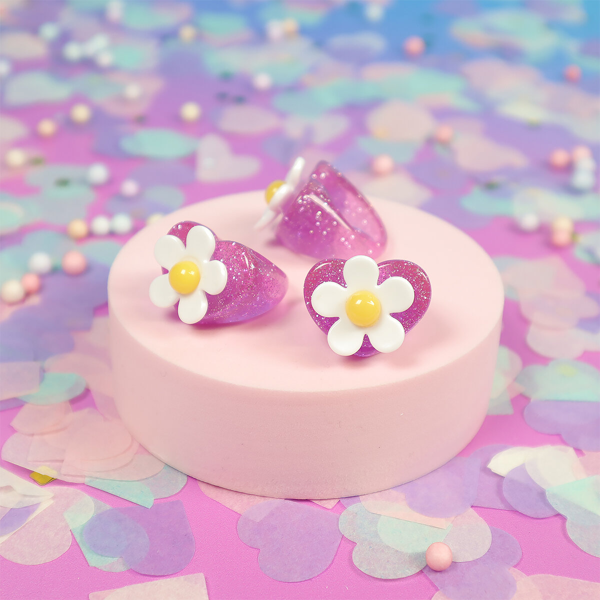 Chonky ring - Blomma på rosa hjärta