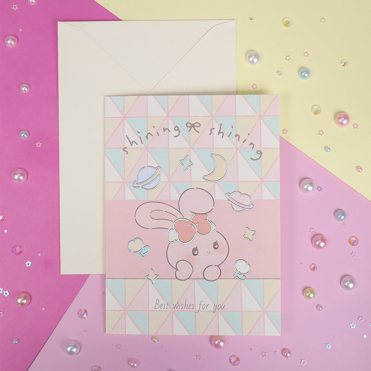 Shining Pink Bunny kort med kuvert