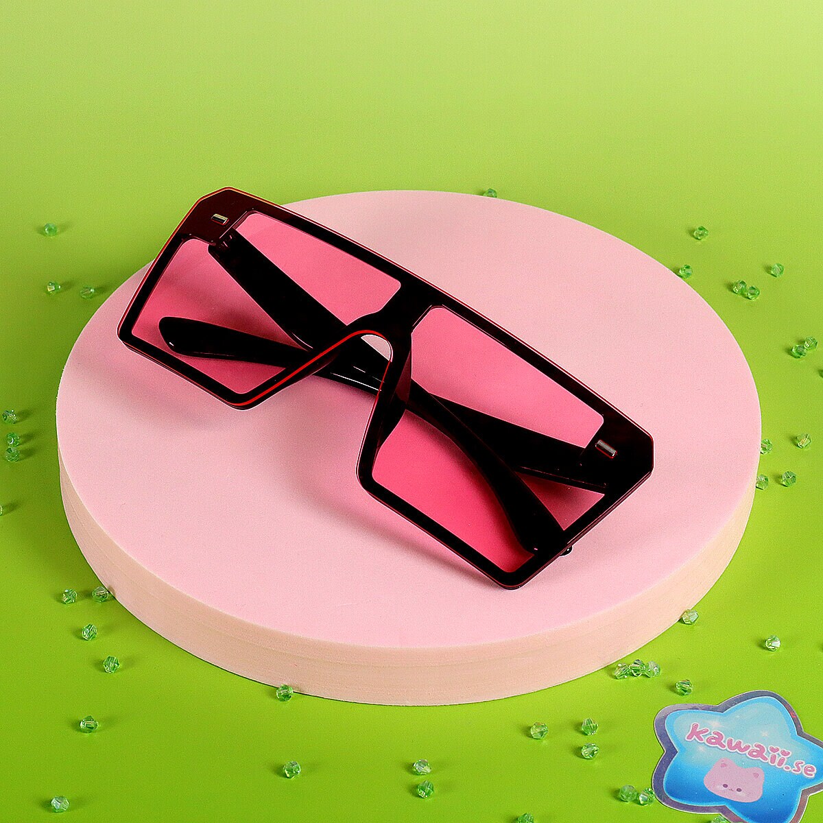 Solglasögon - Stora fyrkantiga med rosa glas