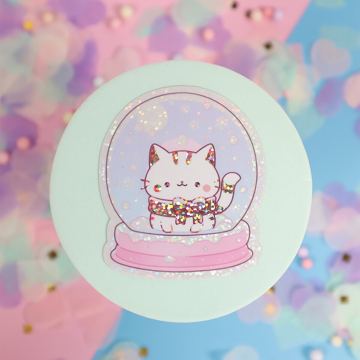 Glittrig sticker cat snow globe