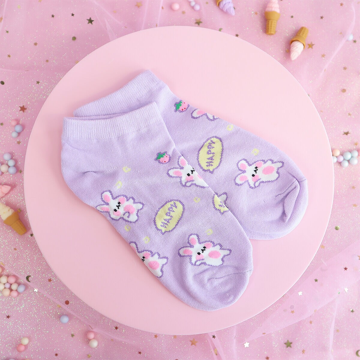 Låga strumpor - Lila med Happy Bunny