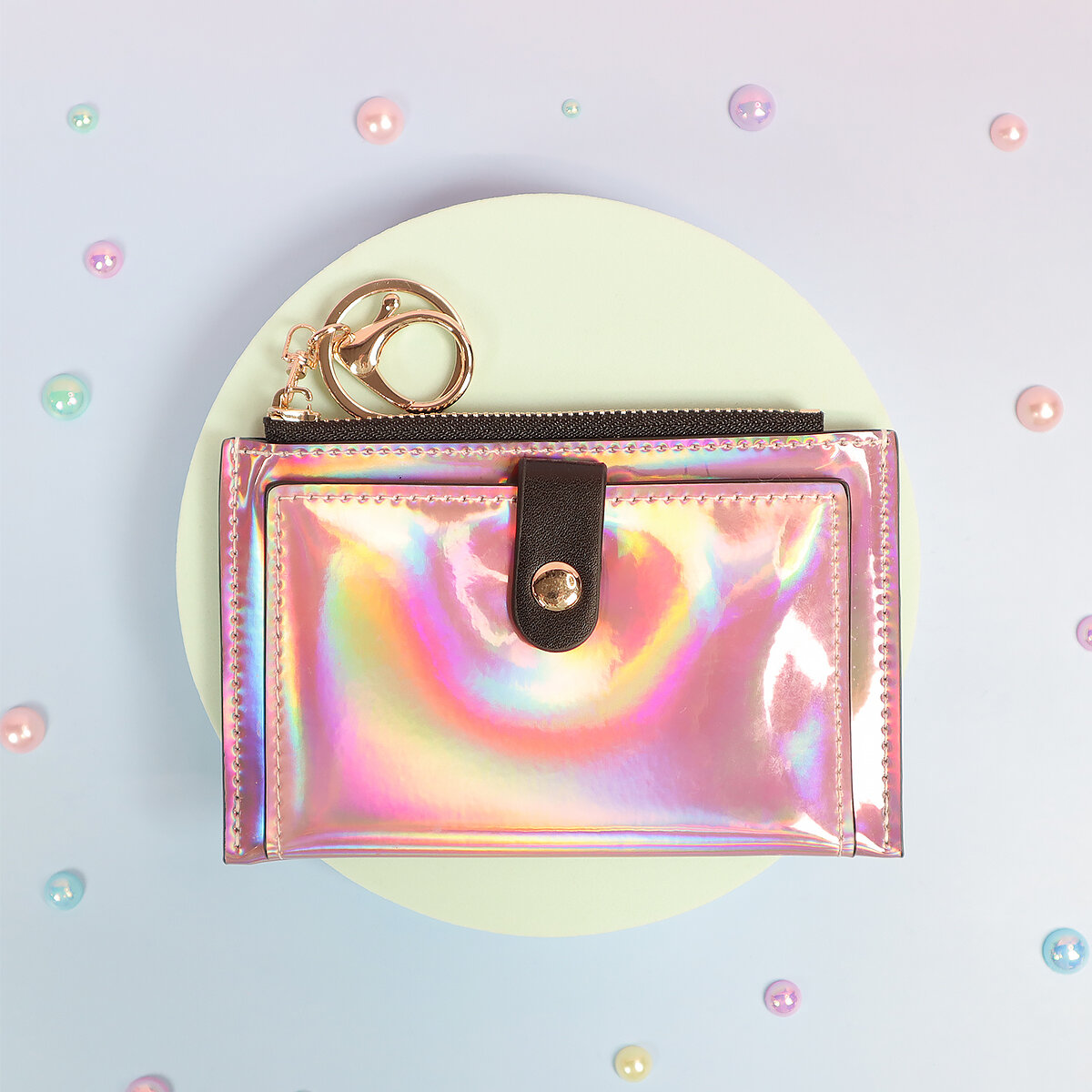 Rosa holografisk plånbok med dragkedja