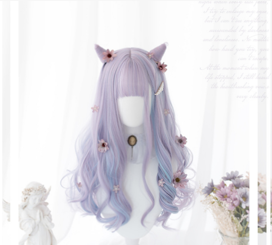 Lilac pastelvågig lång peruk med lugg (A183)